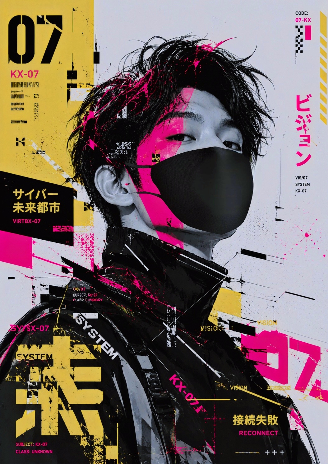 Potret editorial Akbar Nawasunda dengan masker dan elemen grafis kuning magenta